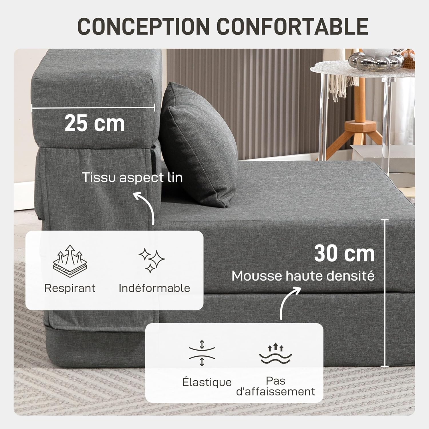 HOMCOM Fauteuil Convertible 1 Place 3 en 1, Fauteuil lit Pliant, chauffeuse 1 Place en Lin avec Large Assise, Coussin Inclus, Matelas Pliable 210 cm pour invités, Salon, Petit Espace, Gris – Image 5