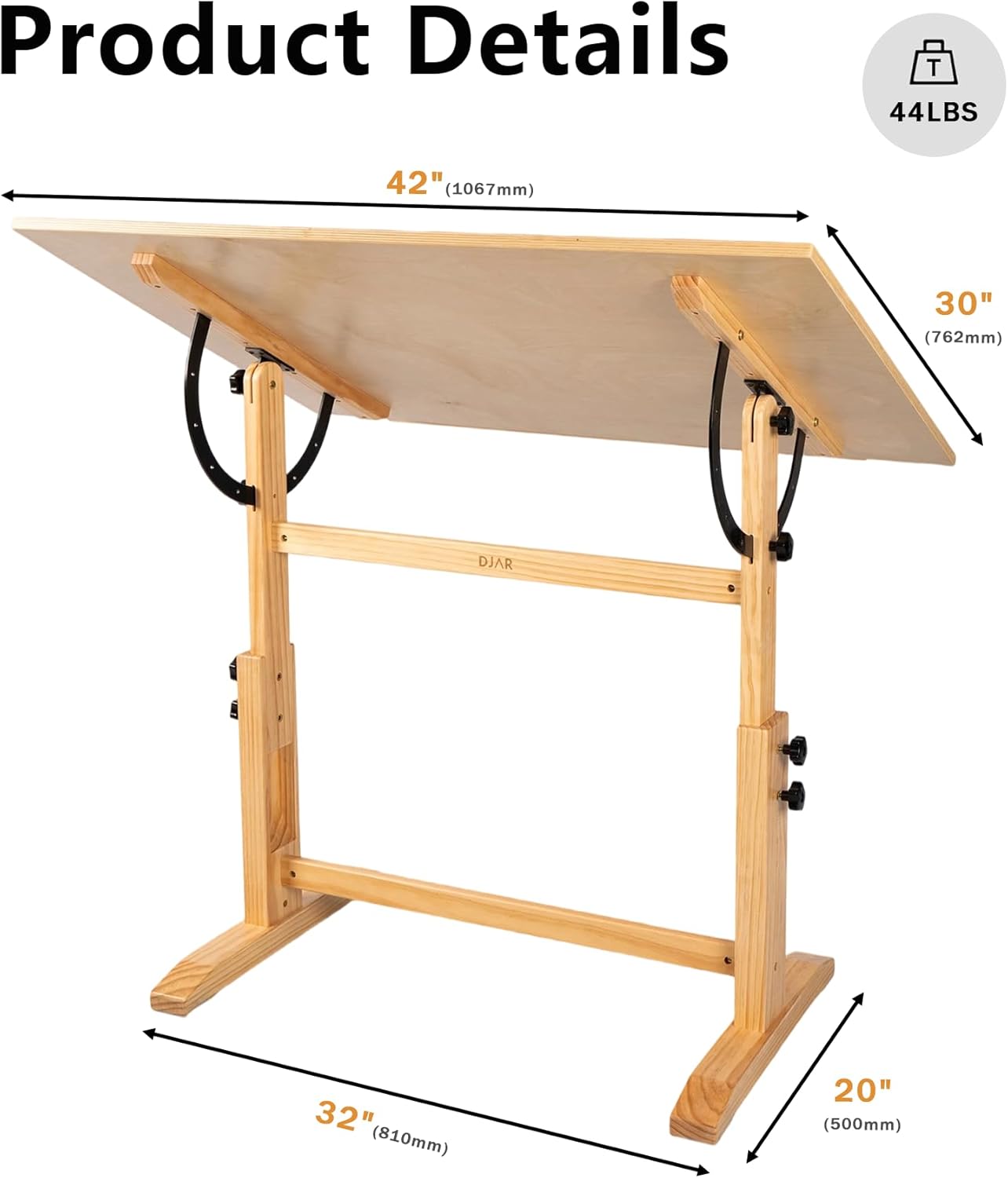 DJAR Table à dessin réglable en bois, 106,7 x 76,2 cm, bureau d'artiste pour peinture, croquis, écriture, naturel – Image 3