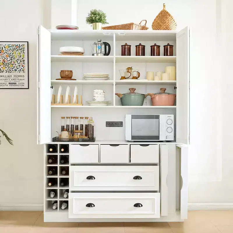 Whisen 71'' Tall Freestanding Kitchen Pantry, Large Dining Storage Cabinet Cupboard Sideboards With 4 Foldable Doors, Shelves, Wine Racks – Image 2
