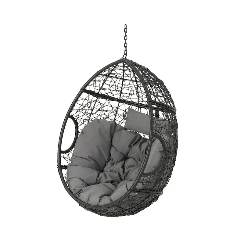 Khaki Brown / Gray Wicker Hanging Egg Chair with Cushion, 1-Person, 300 lbs Capacity – Image 8