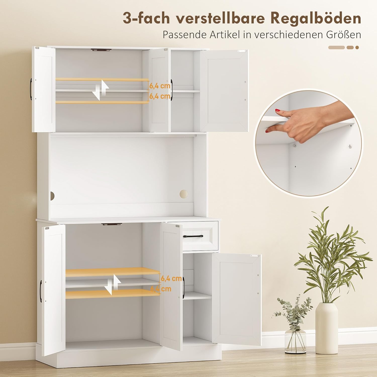 HOMCOM Armoire de cuisine, armoire buffet avec plan de travail, étagères réglables, 6 portes, tiroir, haute garde-manger avec trou de câble, pour cuisine salon salle à manger 100 x 39,5 x – Image 5