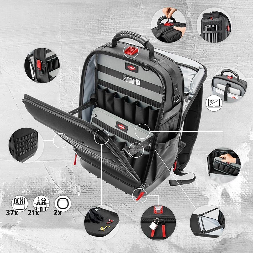 Knipex Modular X18 sac à dos à outils, vide, 58 compartiments d'insertion, 18 l, pochette pour ordinateur portable, 530 x 340 x 210 mm, 00 21 50 LE – Image 7