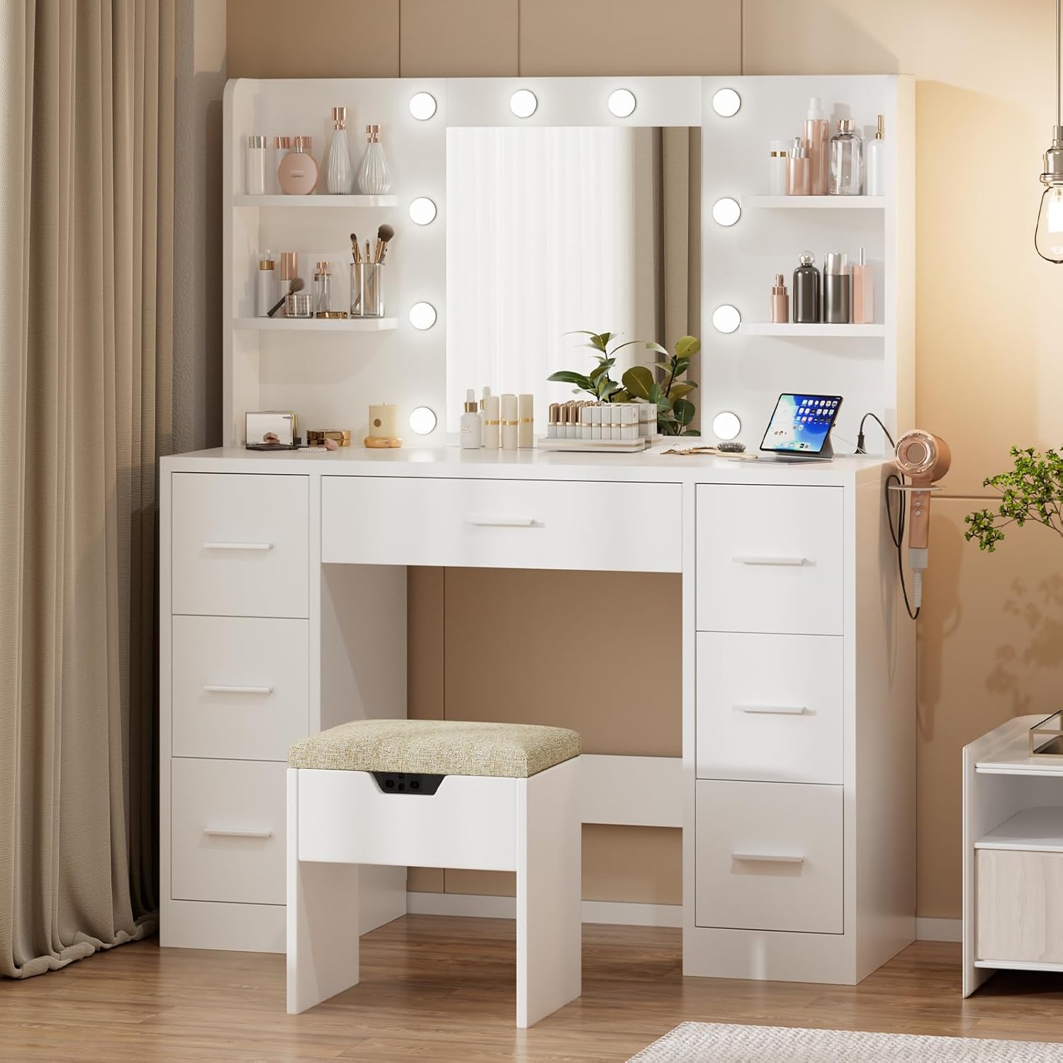 JUMMICO Coiffeuse avec Miroir et Prise, 10 Ampoules LED à 3 Modes de Lumière, Table de Maquillage avec Rangement, 7 Tiroirs, 4 Étagères, Support pour Sèche-Cheveux, Meuble Moderne de Chambre Blanc – Image 6