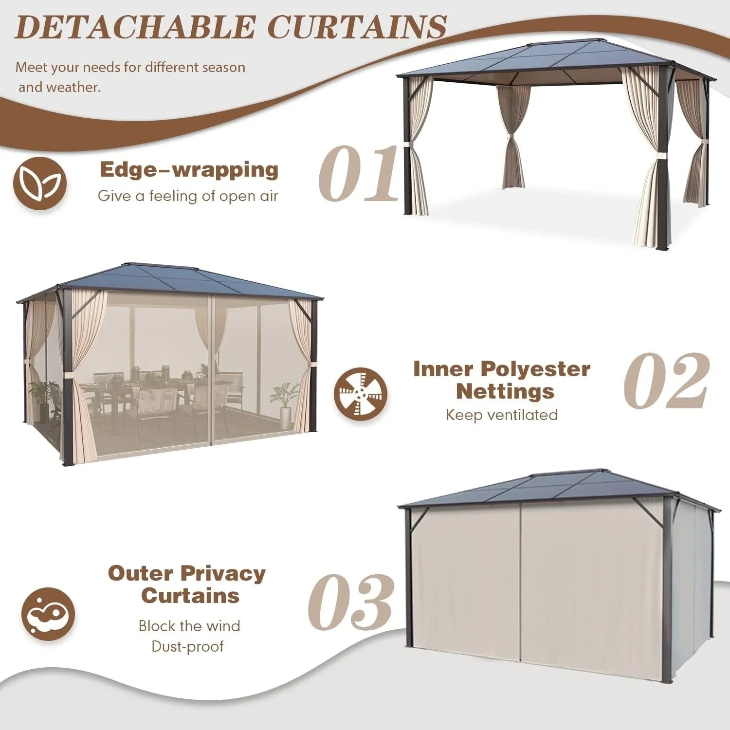 EROMMY Hardtop Gazebo,Outdoor Pergola with Double Roof & Netting & Curtains,Heavy Duty Canopy for Patio, Backyard, Pool party – Image 65