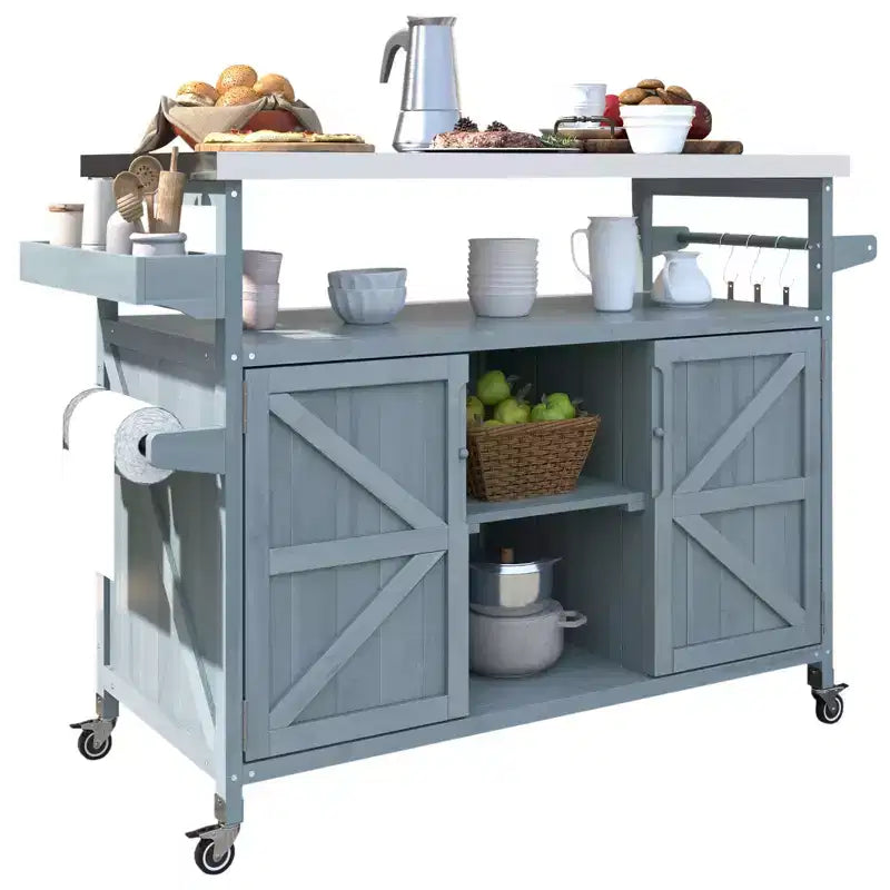 Outdoor Kitchen Island with Stainless Steel Top, Wooden Kitchen Cart with Doors, Shelves and Spice Rack, Rolling Kitchen Island – Image 15