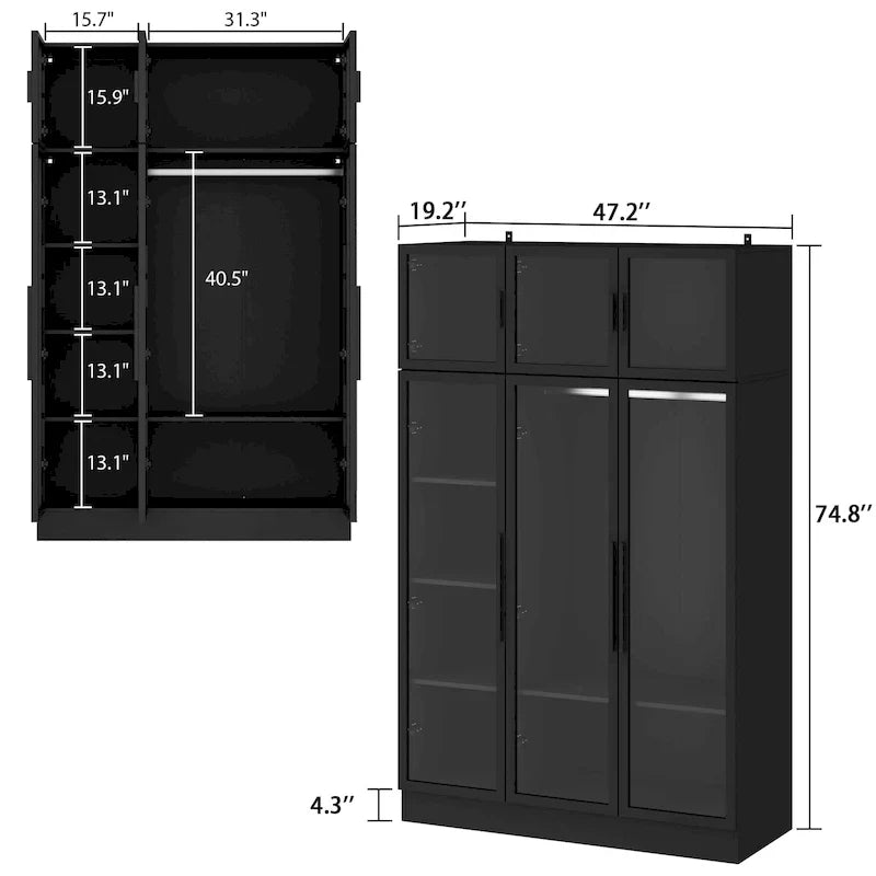 47.2 Wide Armoire LED Light All Glass Door Closet Cabinet Wardrobe – Image 20