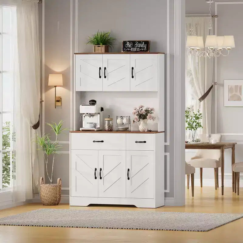 71 Kitchen Pantry Cabinet with Charging Station, Large Countertop, Microwave Stand & 2 Drawers,Hutch Storage for Dining & Living Room – Image 16