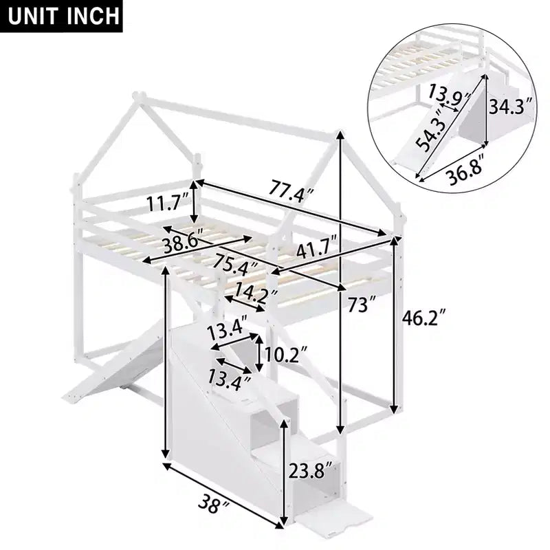 House Bunk Beds with Slide and Storage Stairs, Kids Wood Twin over Twin Bunk Bed with Roof and Stairs for Girls Boys – Image 16