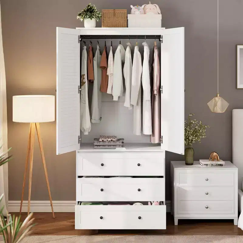 COZONY Armoire Wardrobe with 3 Drawers & 2 Doors, Modern Wooden Closet Cabinet for Bedroom, Heavy Duty White Standing Armoire – Image 15