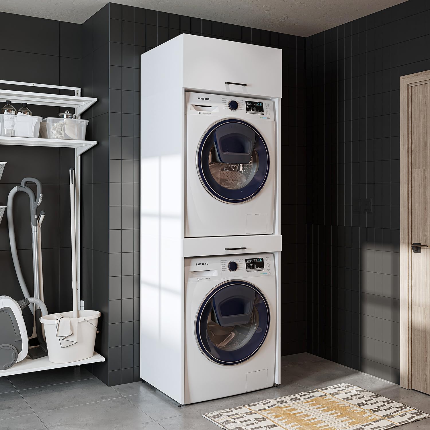 • Armoire de machine à laver pour sèche-linge et machine à laver • Avec planche coulissante • Blanc • Chêne noir • Armoire superposée (blanc, avec armoire pliante de 22 cm) – Image 4
