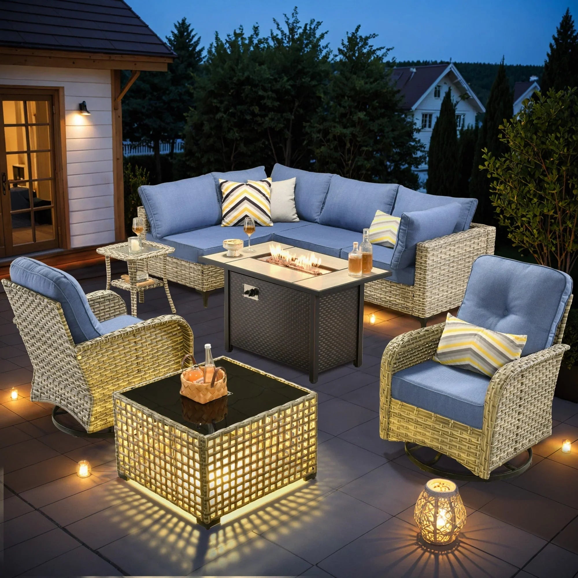 OVIOS 9 Pieces Outdoor Wicker Swivel Chair Set With Fire Table – Image 22
