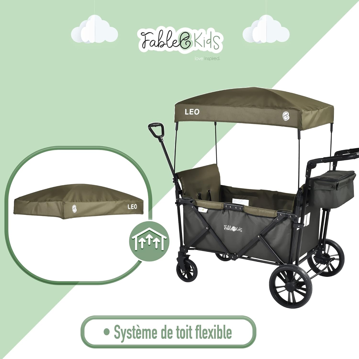 FableKids Chariot Leo X2Lite avec Toit 2 Places Chariot de Transport Pliable Sac arrière Harnais 5 Points Roues 360° Couverture Anti-poussière Incluse Oxford 600D Vert Safari – Image 5