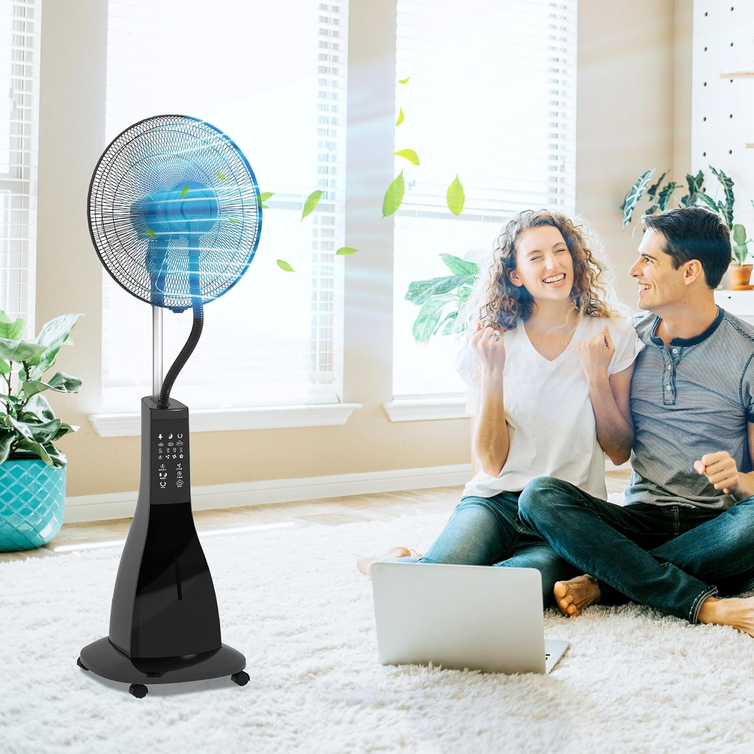 HOMCOM Ventilateur brumisateur sur roulettes ventilateur sur pied 90 W télécommande affichage LED télécommande minuterie 3 modes 3 vitesses oscillant, inclinable réservoir 3L - noir – Image 9