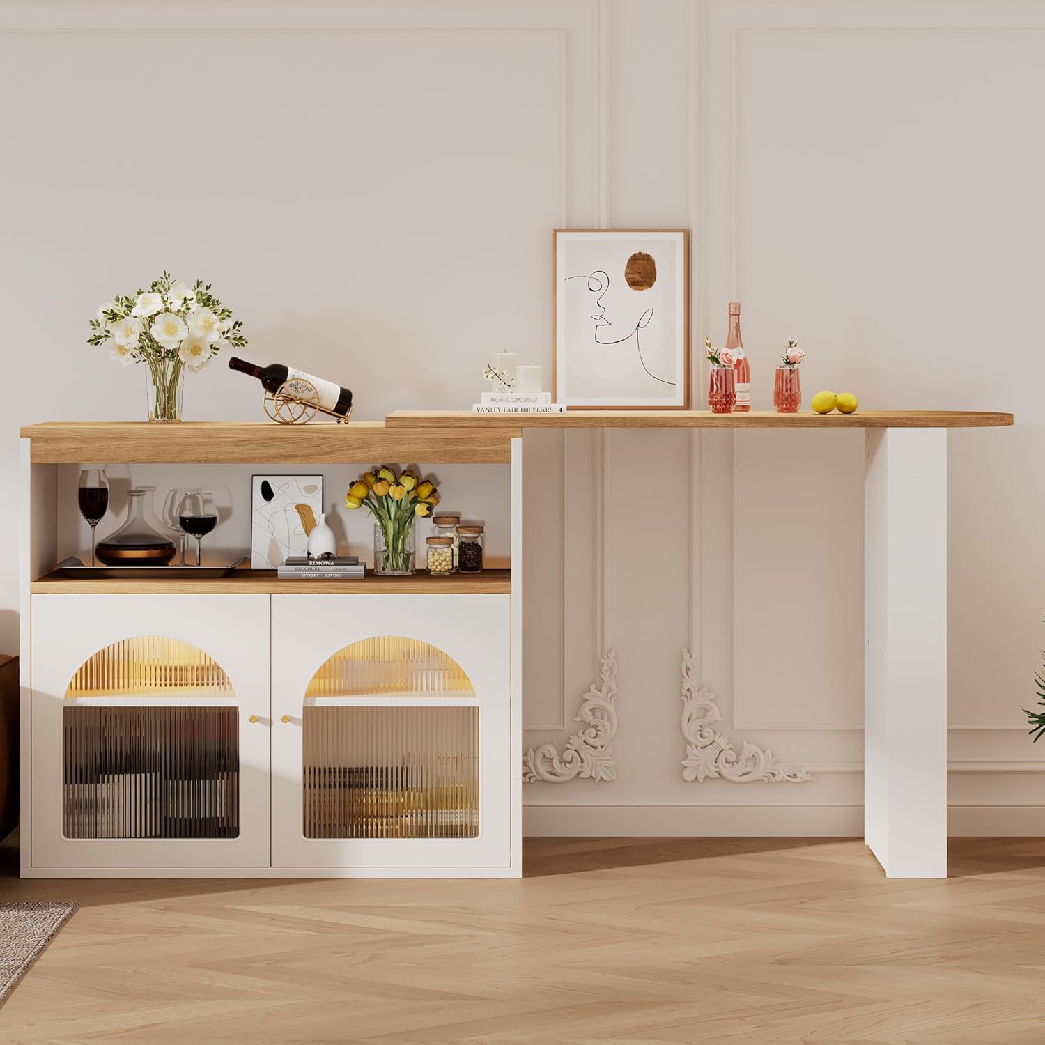 Table de bar extensible avec espace de rangement, table de bistrot avec 2 portes en verre, rotation libre à 360 °, étagères réglables, petite table de cuisine, table haute pour bar de maison, 138-193 – Image 7
