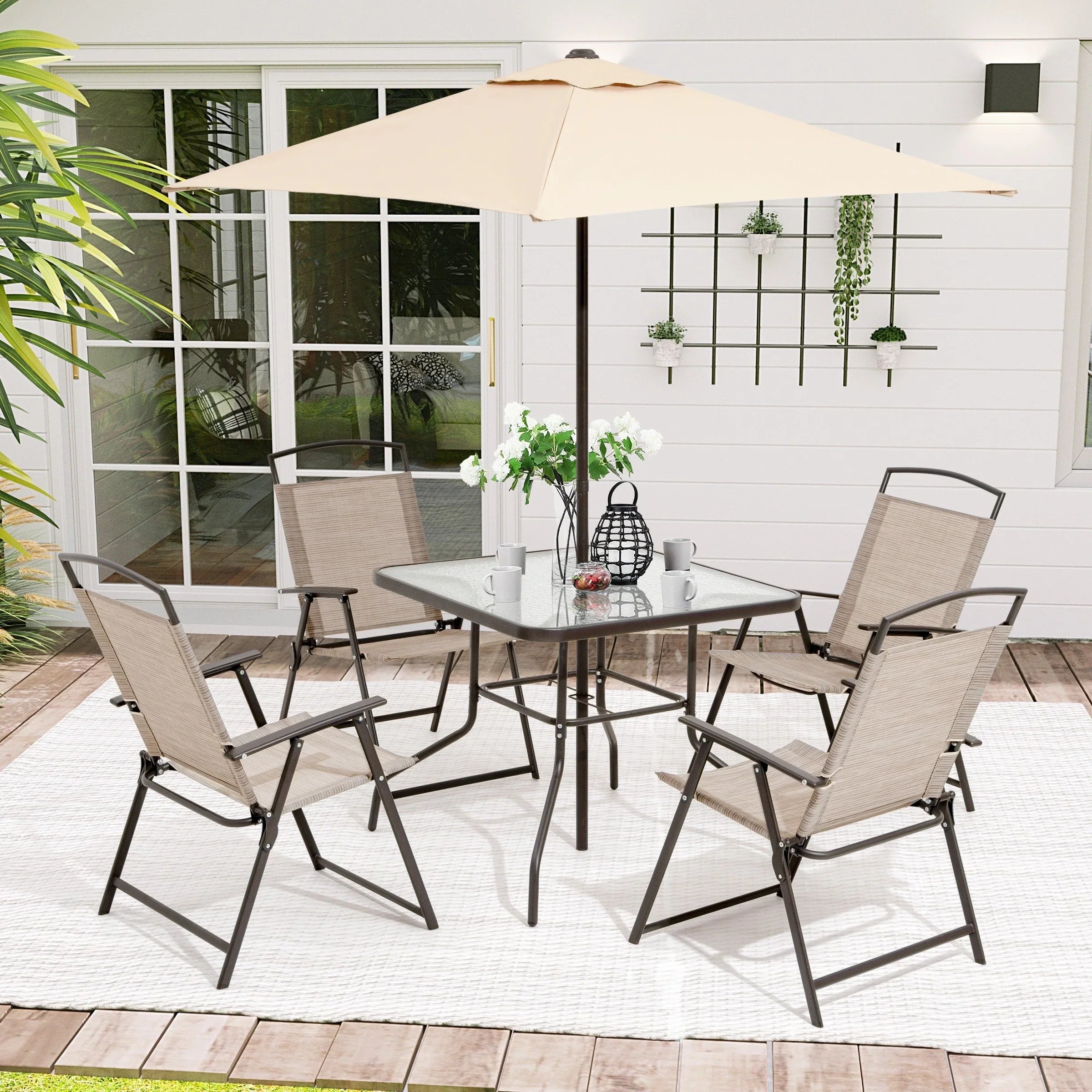 Pellebant 6 Piece Patio Set with Table, Umbrella and 4 Folding Chairs - 22.4Wx26.8Dx34.4H – Image 9