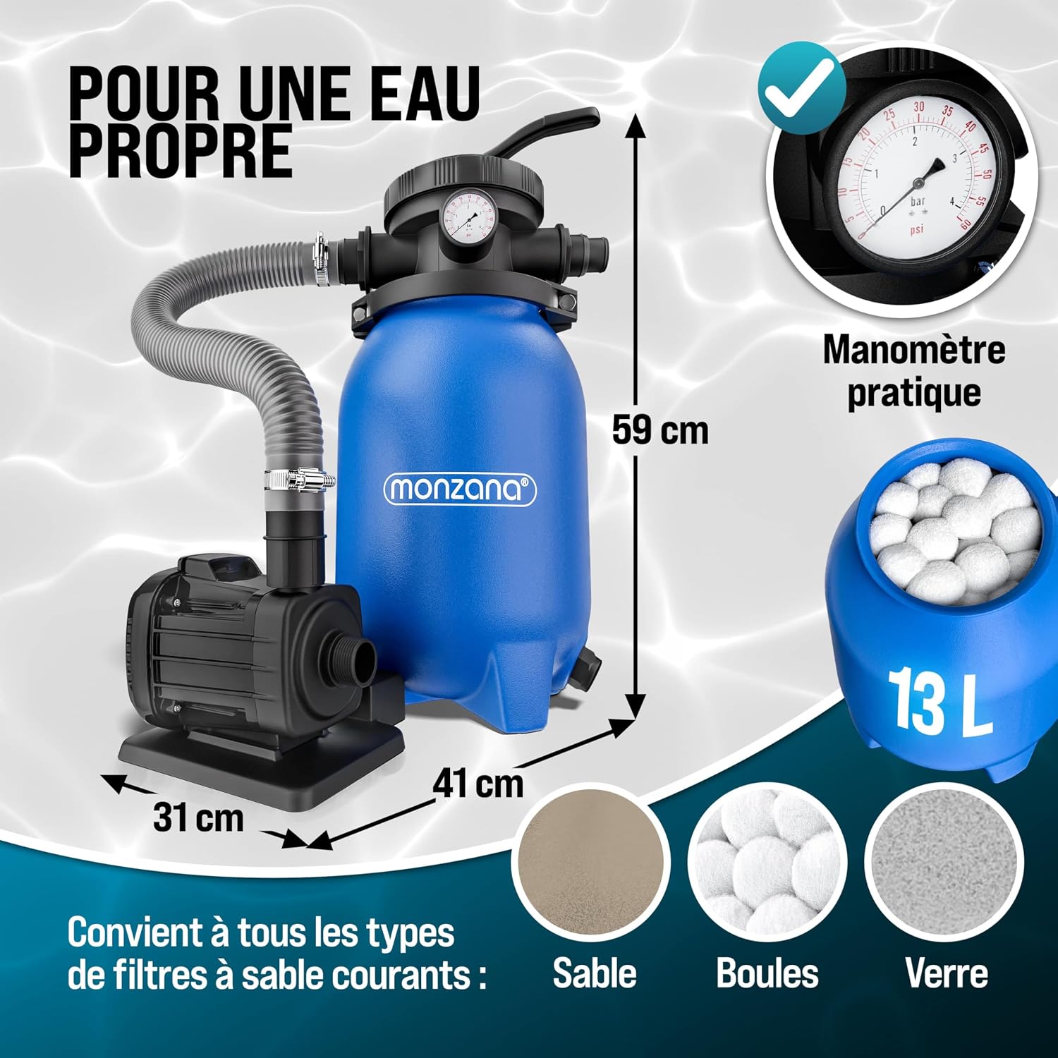 MONZANA® Pompe filtre à sable 5 m³ auto-amorçante pour piscines jusqu'à 15 m³ boules vanne 7 voies raccord 2en1 Ø32-38mm système de filtration à sable – Image 6
