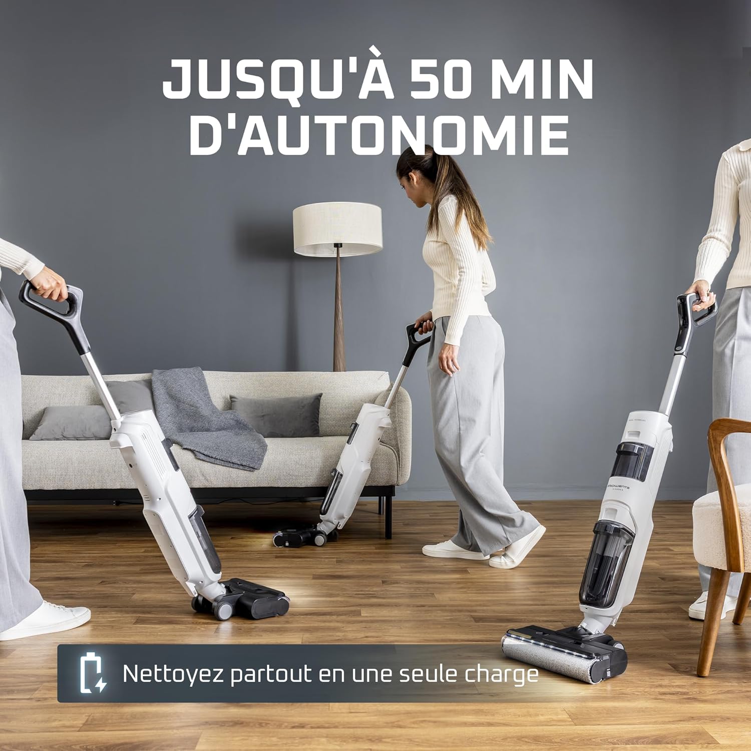 Rowenta X-Clean5, Aspirateur Laveur sans Fil, Nettoyage 2-en-1, Mode de détection Auto, Éclairage LED, Auto-Nettoyage, Séchage air Chaud, GZ5557EE, Blanc/Noir – Image 4