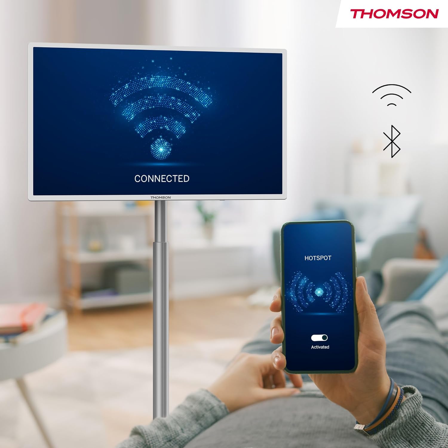THOMSON Go TV 32 Pouces (81 cm), téléviseur Android Portable – HD Ready (1366x768), Commande vocale, Netflix, Disney,Google,Bluetooth 5.1, Wi-FI, Fonction Hotspot, autonomie Jusqu’à 4 Heures – Image 12