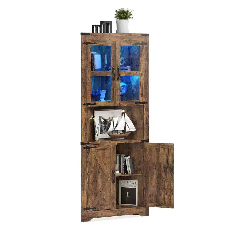 67 in Tall Corner Storage Cabinet with Lights, Farmhouse Corner Hutch Display Cabinet with Glass Doors, Wooden Storage Organizer for Kitchen, Bathroom – Image 9