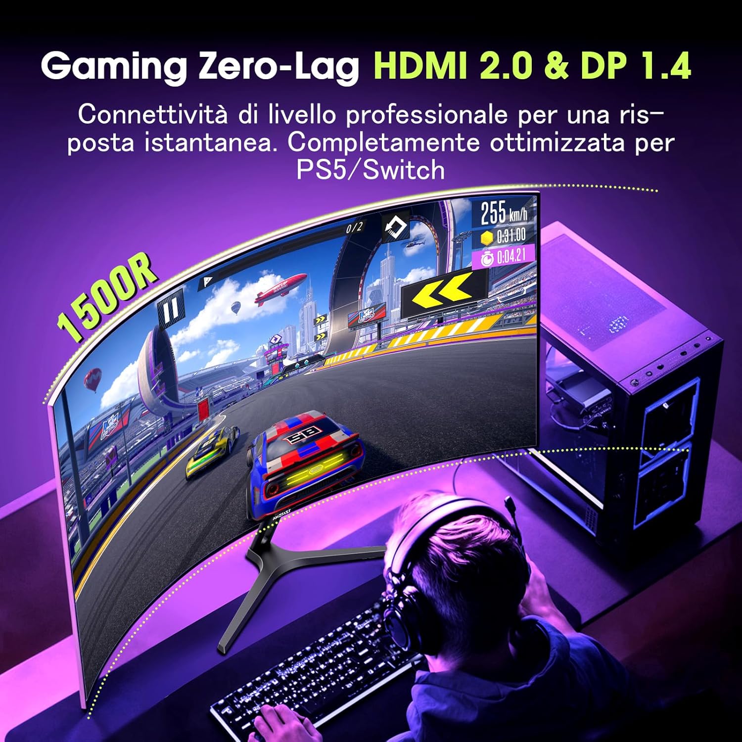 Amzfast Écran PC Gaming 27 Pouces Incurvé, 2K QHD(2560 x 1440), 240Hz Moniteur, 1Ms MPRT, 1500R, sRGB 120 pour cent, Adaptive Sync, Low Blue Light,VESA 100 * 100, HDMI 2.0 * 2/DP 1.4 * 2, AMZG27C1Q Pro – Image 8