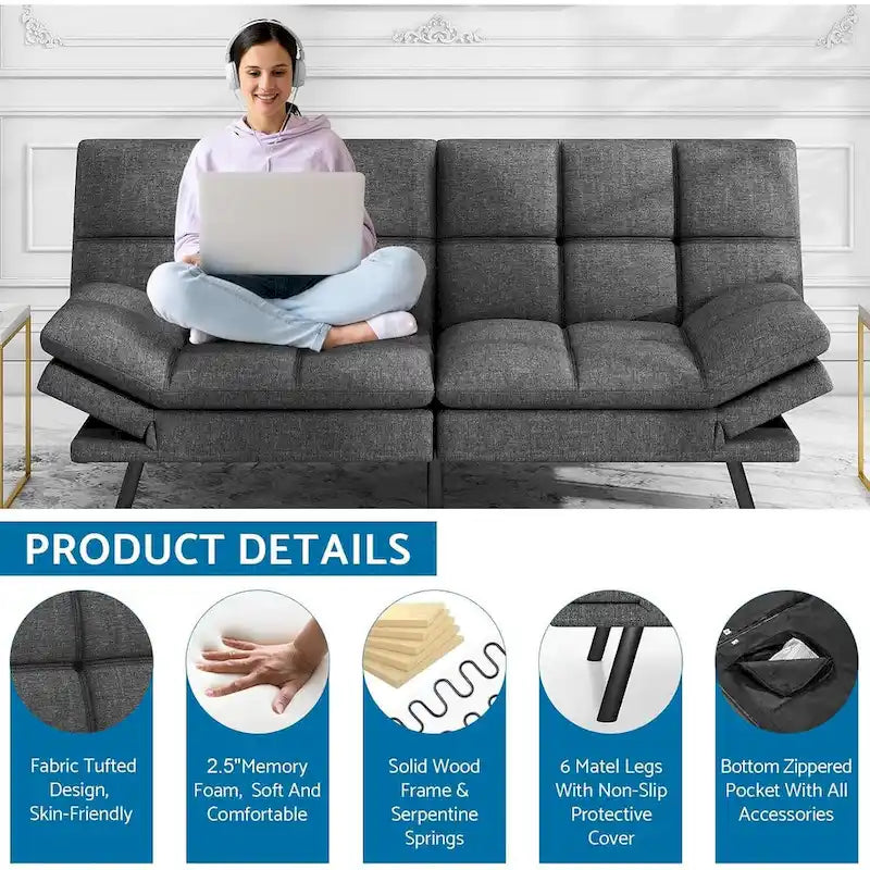 Memory Foam Futon Couch Bed Convertible Sofa with Adjustable Splitback for Compact Living Space – Image 6
