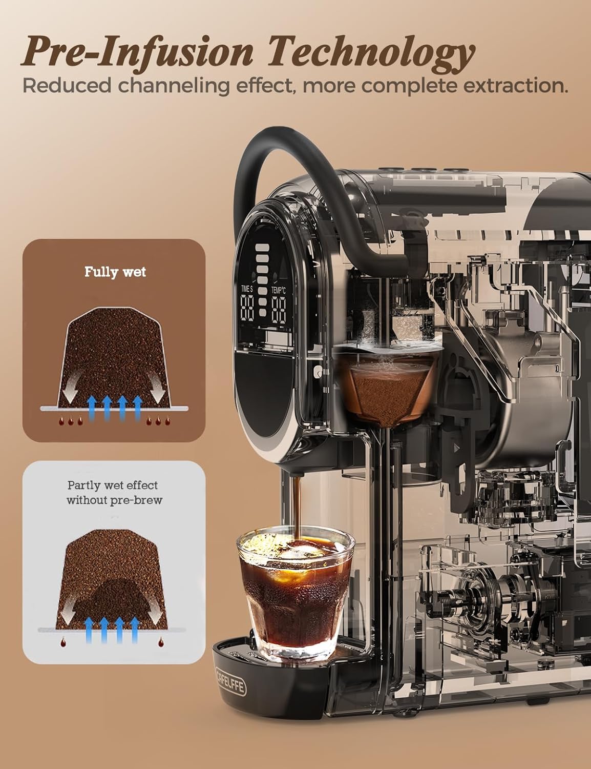 Cafelffe Machine à café automatique, cafetière à capsules 4 en 1 avec température réglable et 7 temps d'infusion préréglés, machine à expresso 19 bars pour NES/DG/ESE/café moulu, noir – Image 6