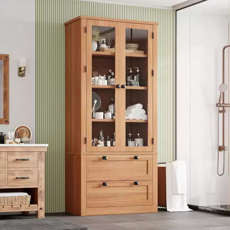 Farmhouse Kitchen Pantry Cabinet with Glass Doors, 72in Storage Cupboard with Drawers and Adjustable Shelves for Dining Room Bathroom Living Room – Image 22