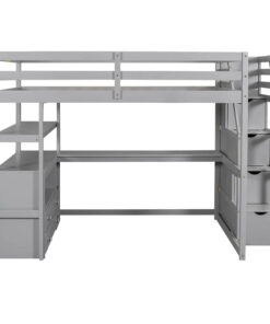 Alternative view of Full Size Loft Bed with Desk and Shelves, Two Built-in Drawers, Storage Staircase, Gray