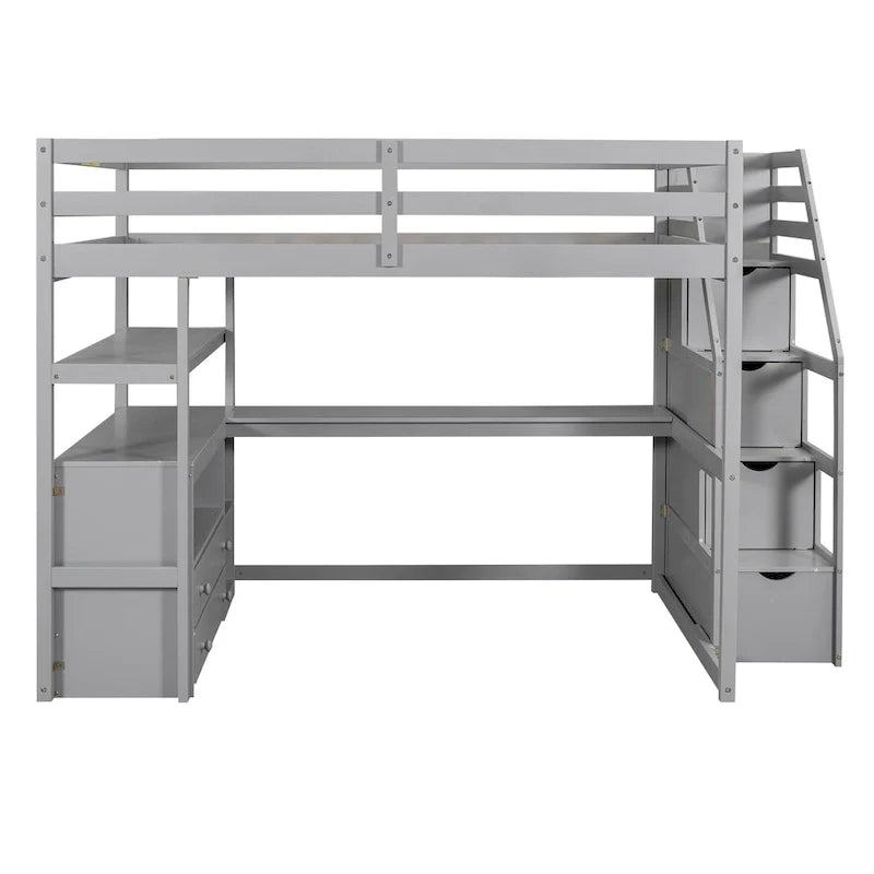 Full Size Loft Bed with Desk and Shelves, Two Built-in Drawers, Storage Staircase, Gray – Image 2