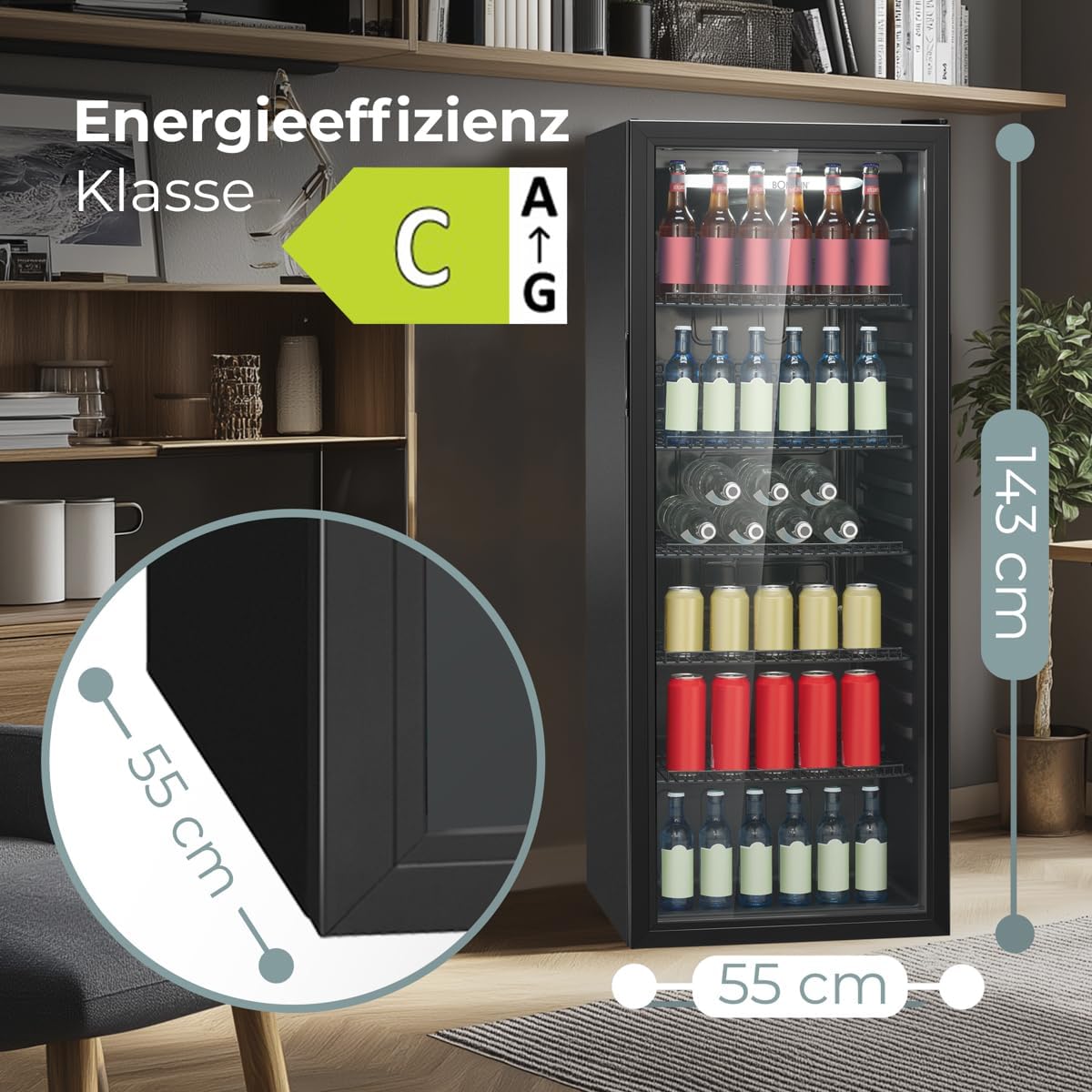 Bomann KSG 7292 Réfrigérateur avec porte en verre | Classe énergétique C | 143 cm | Réfrigérateur de boissons 2-12 °C | MultiAirflow | 5 étagères grillagées | Butée de porte interchangeable | 236 l | – Image 5