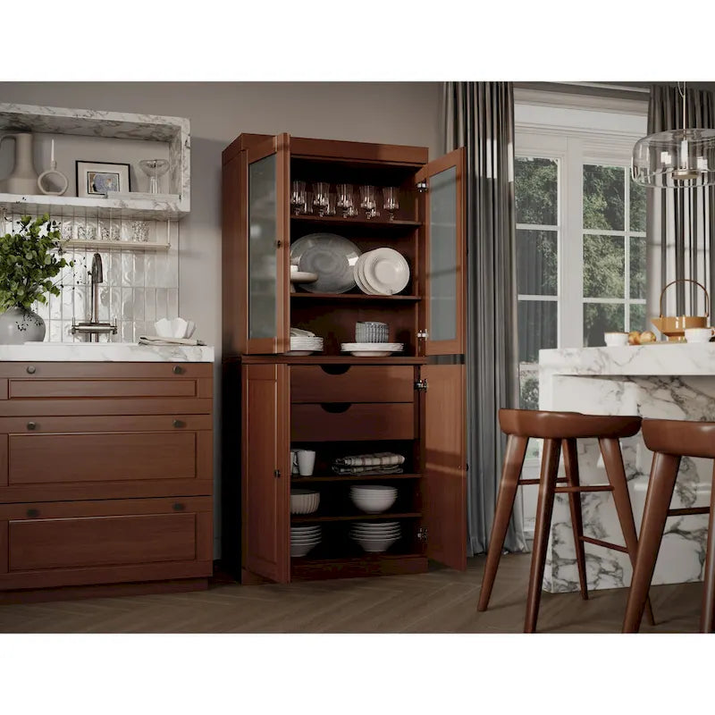 100% Solid Wood Pantry Cabinet with Frosted Glass Doors, Solid Doors, 2-Drawers and Adjustable Shelves – Image 23