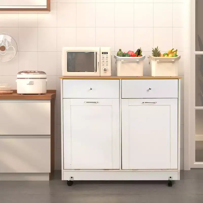 EROMMY Double Tilt Trash Cabinet with 2 Drawers, Trash Cabinet with Storage on Wheels,white – Image 5