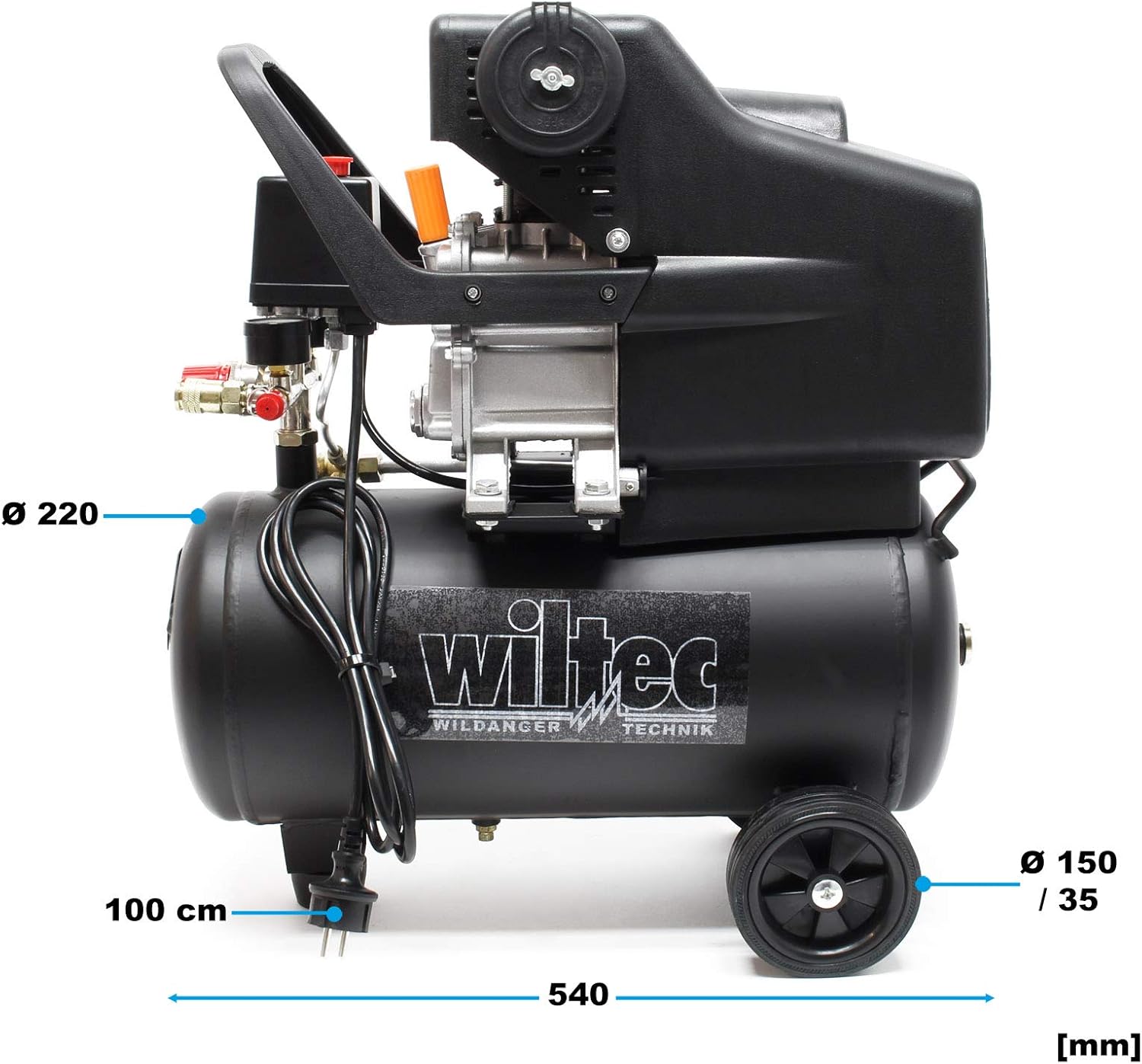 Wiltec Kit Compresseur d'air avec Réservoir de 24 l – 540 x 260 x 600 mm – 1100 W 1,5 CV – 206 l/min – Outil d’atelier Mobile avec Roues et Poignée – Avec 13 accessoires – Image 3