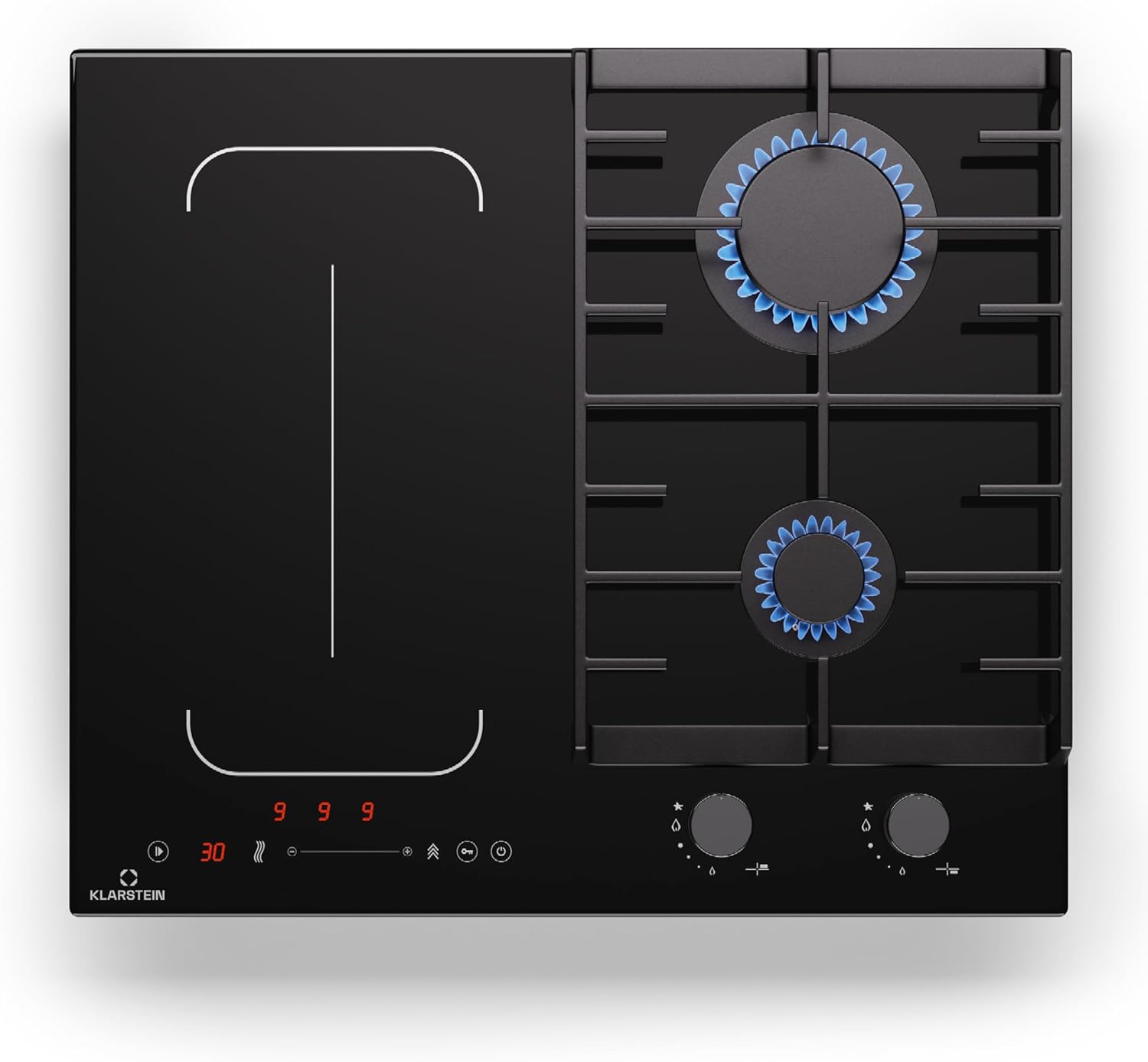 Klarstein MultiChef 4 Plaque Induction Et Gaz - 4 Zones, 2 Gaz et 2 Induction, Flexzone, 7Kw, StopetGo, Minuterie, Supports En Fonte Noir, 58,5Cm