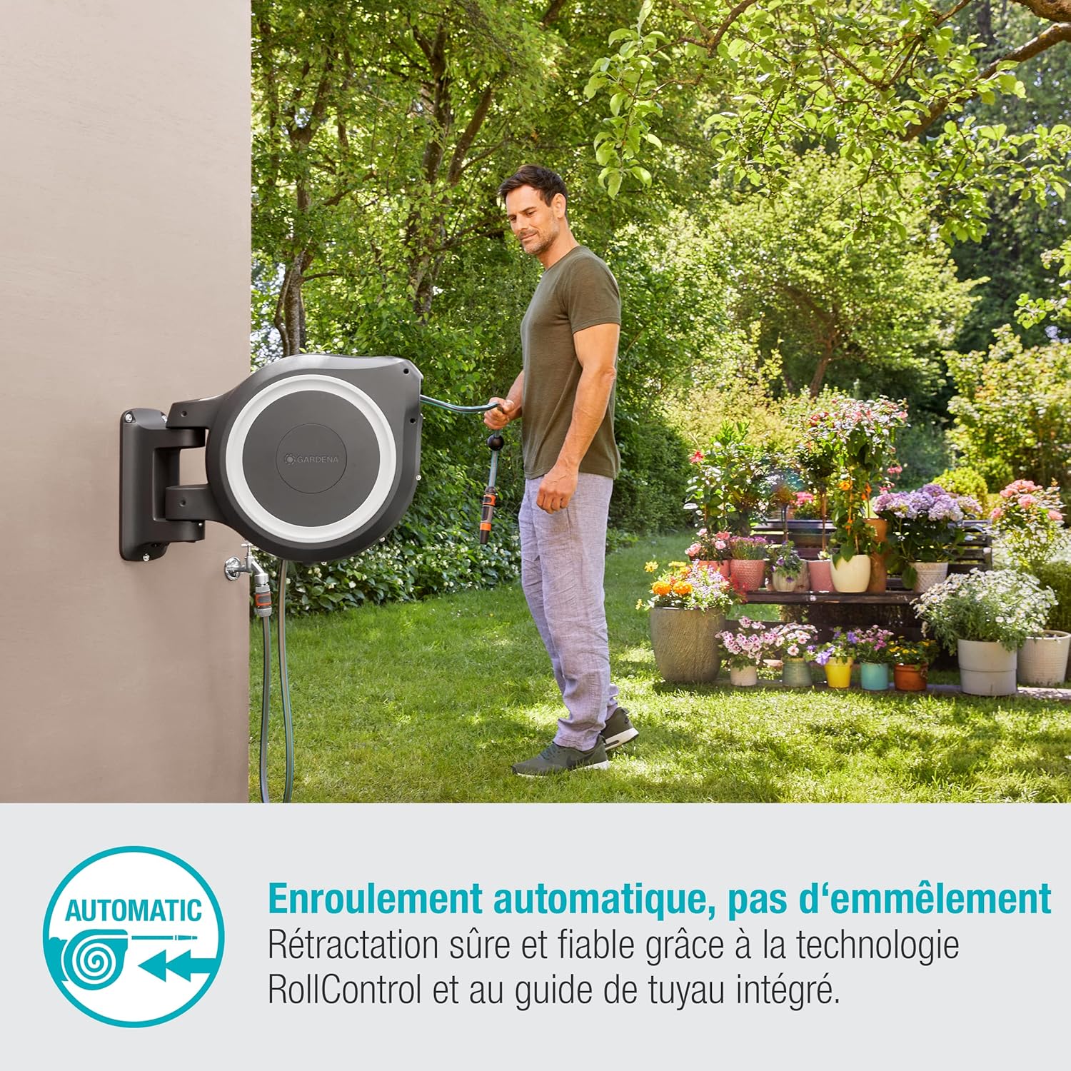 Gardena Enrouleur de Tuyau Mural Rollup L (Blanc) – Longueur 30m – Ø13mm– Garantie 5 Ans– Dévidoir pivotant à 180°– Kit Complet avec Lance, raccord, Tuyau et Support Mural Inclus (18627-20) – Image 3