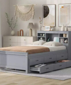 Alternative view of Platform Bed with Trundle and Drawers, Storage Platform Bed with USB, Wood Platform Bed with Bookcase