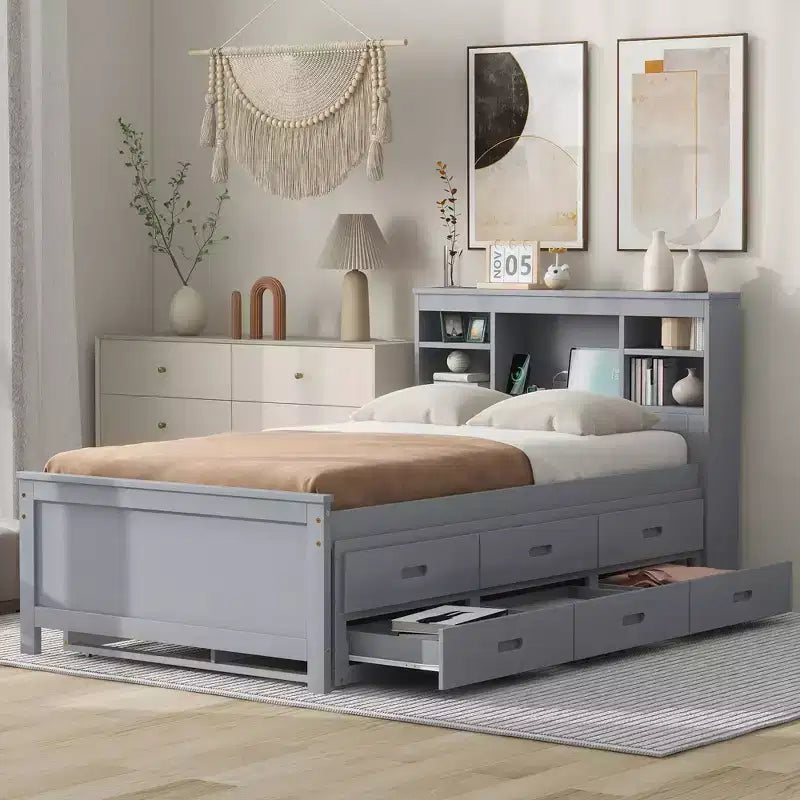 Platform Bed with Trundle and Drawers, Storage Platform Bed with USB, Wood Platform Bed with Bookcase – Image 2
