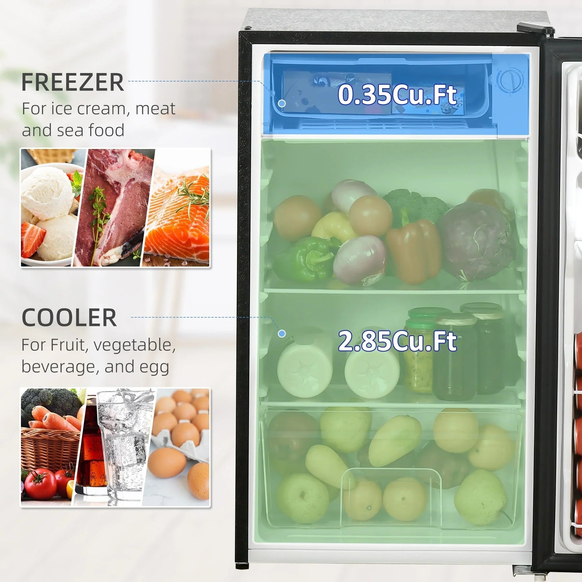HOMCOM 3.2 Cu.Ft Mini Fridge with Freezer, Single Door Compact Refrigerator with Adjustable Thermostat for Bedroom – Image 25