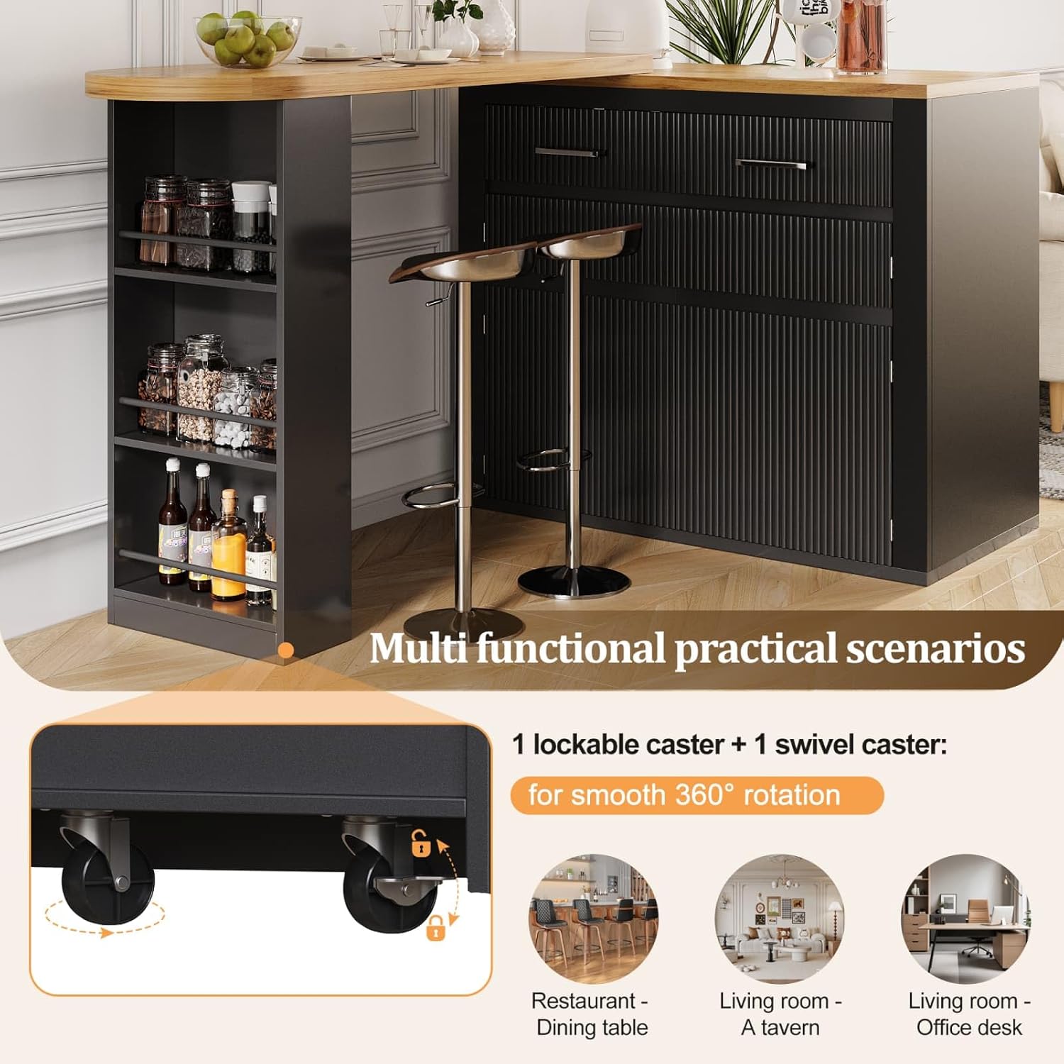 KOMHTOM Table de Bar Extensible avec Espace de Rangement, Meuble Bar avec 2 Portes en Verre, Rotation Libre à 360 °, étagères latérales (Noir-3) – Image 9