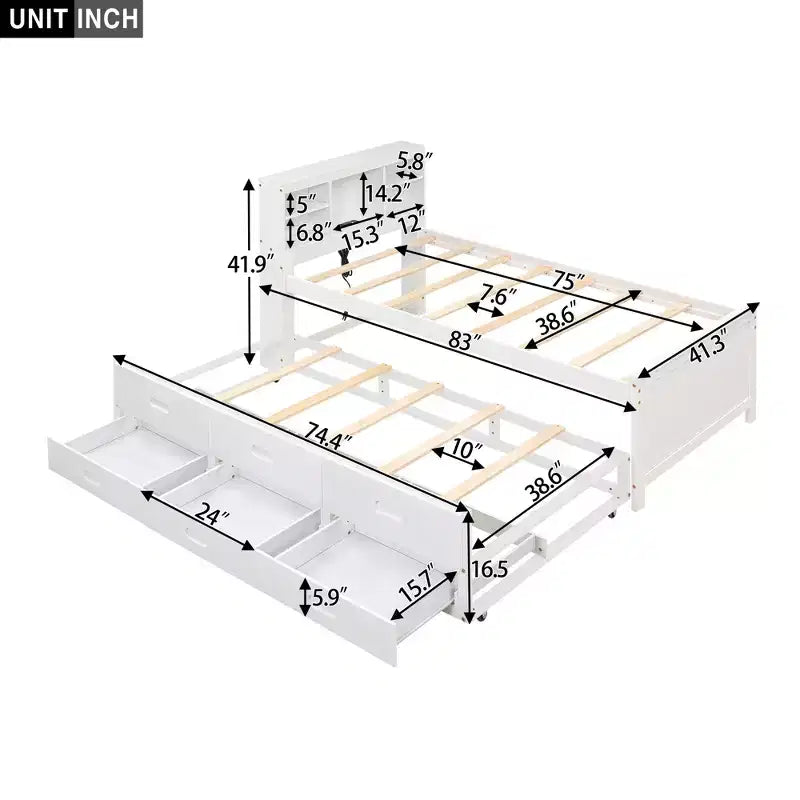 Platform Bed with Trundle and Drawers, Storage Platform Bed with USB, Wood Platform Bed with Bookcase – Image 24