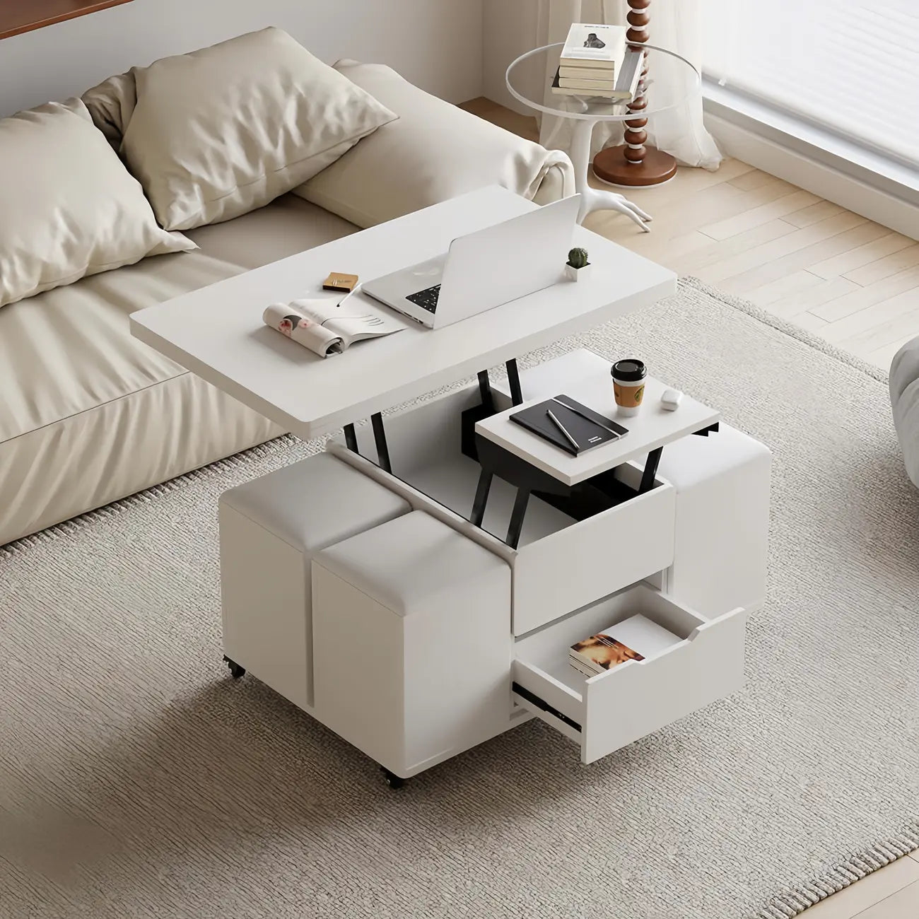 Foldable Lift-Top Coffee Table with 4 Stools & Storage – Image 16