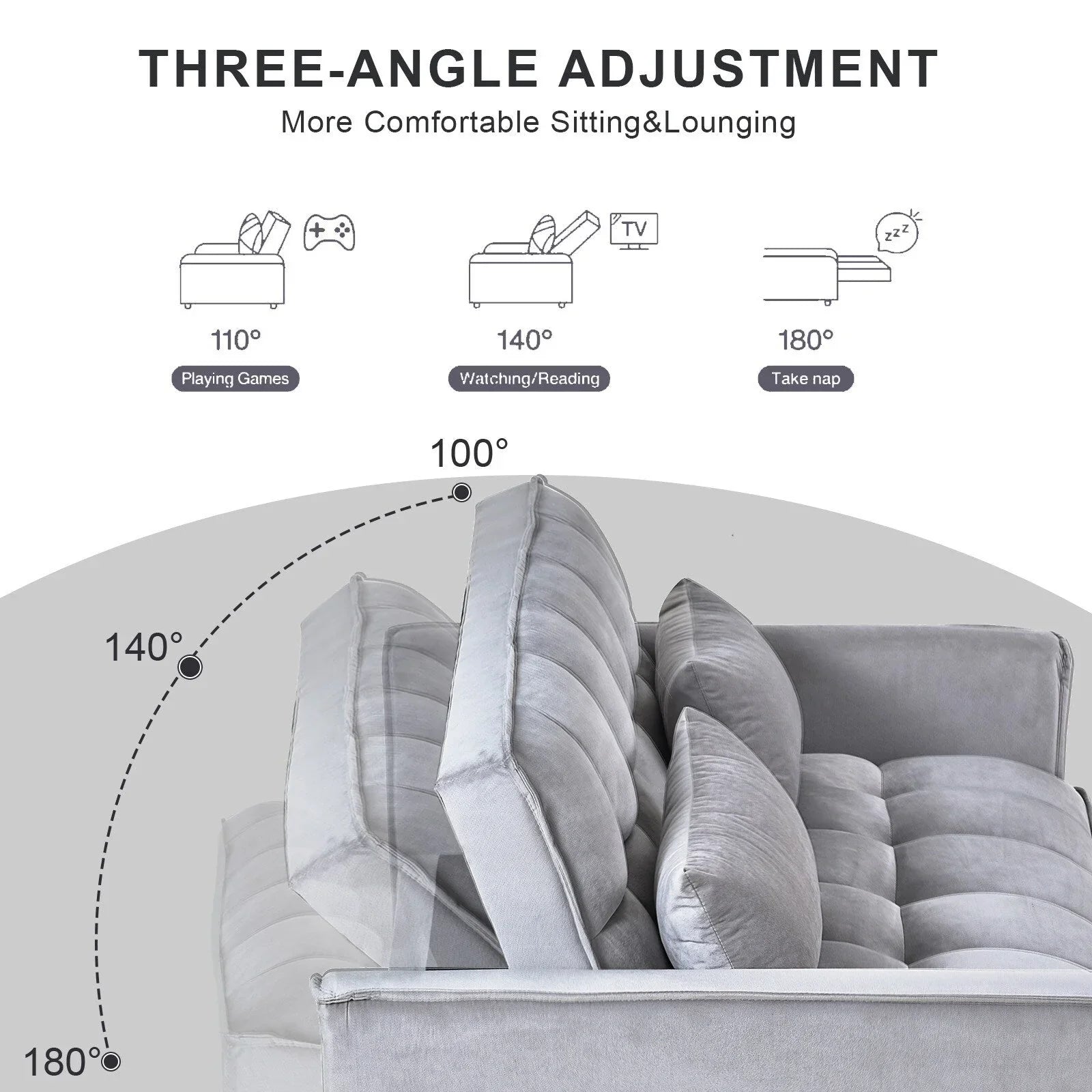 Modern Pull-Out Couch Bed, 3-in-1 Sleeper Sofa with Adjustable Backrest, Velvet Loveseat, Pillows & Side Pockets – Image 5