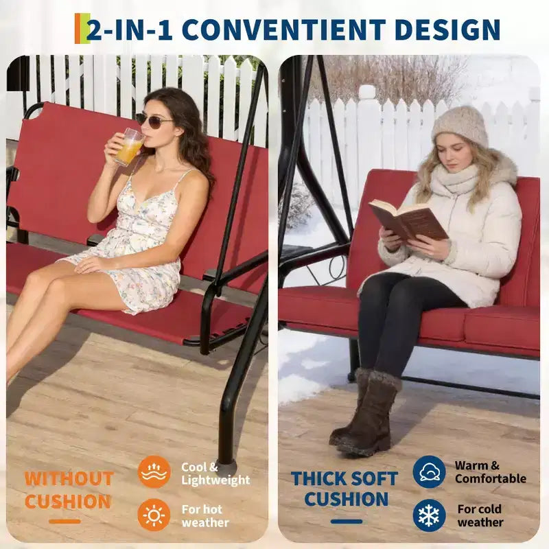 Coolmee 3 Seat Outdoor Porch Swing, 2-in-1 Patio Swing Chair with Thickened Removable Cushions, Weather Resistant Steel Frame for Backyard, Garden – Image 20