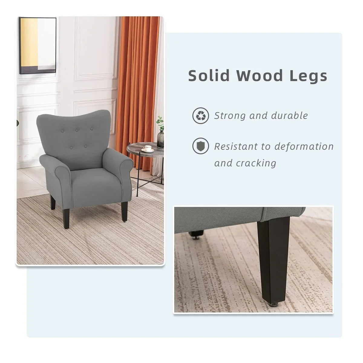 Erommy Modern Accent Chair, High Back Armchair, Upholstered Fabric Button Single Sofa with Wooden Legs for Living Room – Image 19