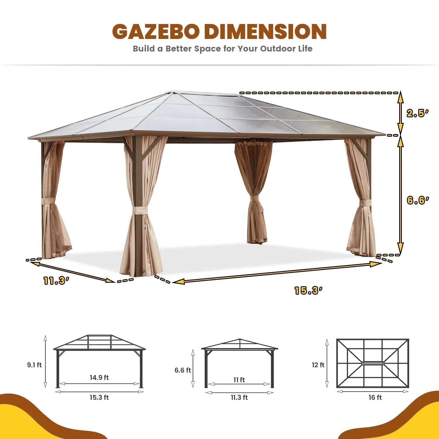 EROMMY Hardtop Gazebo,Outdoor Pergola with Double Roof & Netting & Curtains,Heavy Duty Canopy for Patio, Backyard, Pool party – Image 15