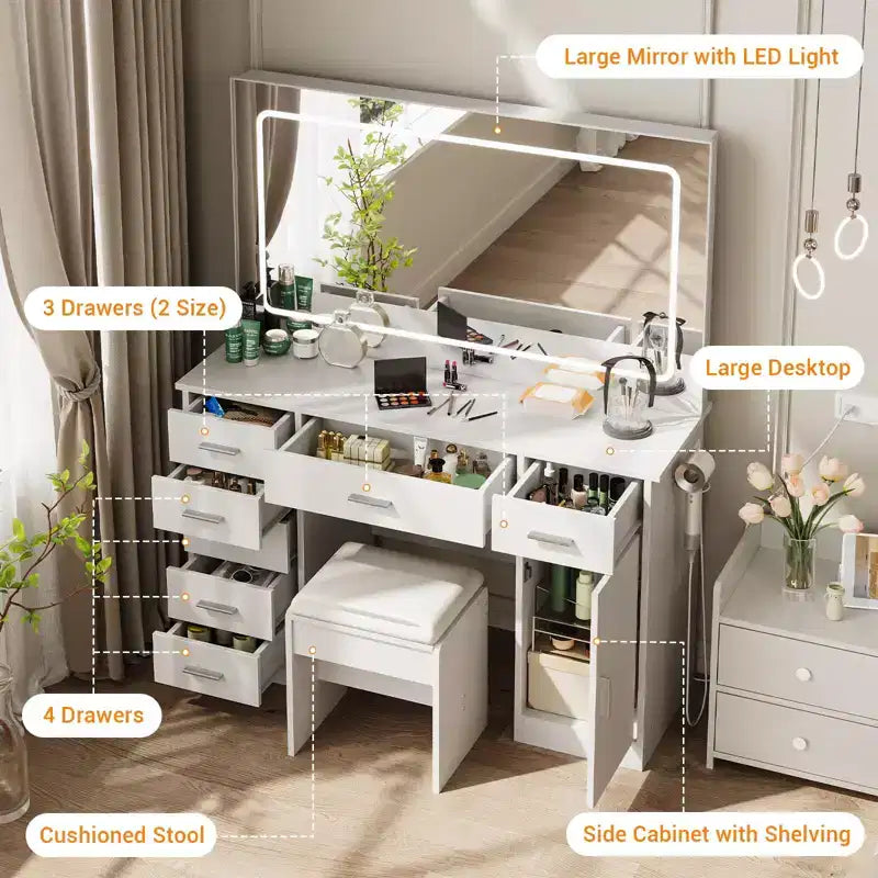 Modern Vanity Desk with Large Mirror, 7 Drawers, LED Lights, Chair, 3 Light Modes, Hair Dryer Holder and Charging Station for Bedroom – Image 2