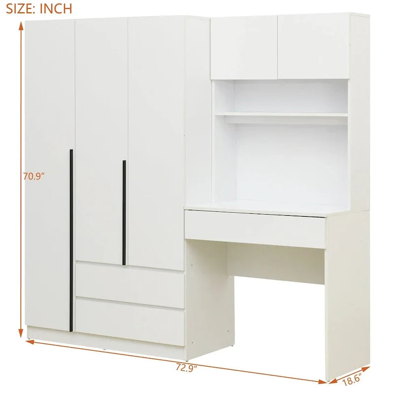 3-in-1 Wardrobe Closet with Vanity Desk, Desk Set, Bedroom Armoire with 2 Drawers 3-Door Storage Desk Wardrobe – Image 15