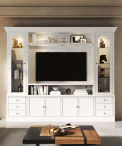 Famapy White Media Entertainment Center Large TV Stand with Storage Cabinets & LED Spotlights for Living Room