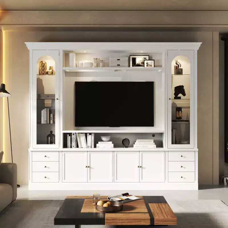 Famapy White Media Entertainment Center Large TV Stand with Storage Cabinets & LED Spotlights for Living Room