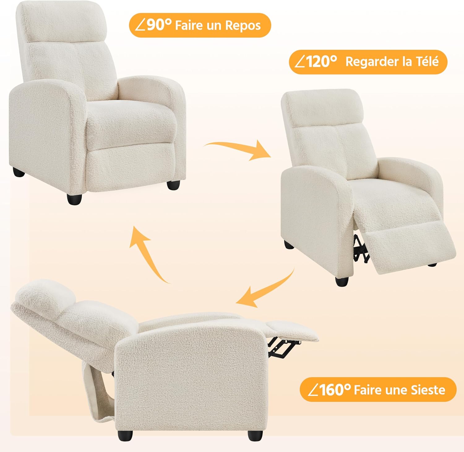 Yaheetech Fauteuil de Relaxation Chaise de Détente Siège de Canapé Fauteuil en Tissu Bouclette Doux avec Repose Pied/Chambre à Coucher/Home Cinéma/Salon Ivoire – Image 8